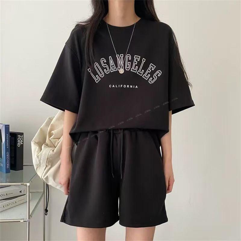 Korean Style Women's Summer Casual Two-Piece Set: Round Neck Short Sleeve Top & Loose Shorts