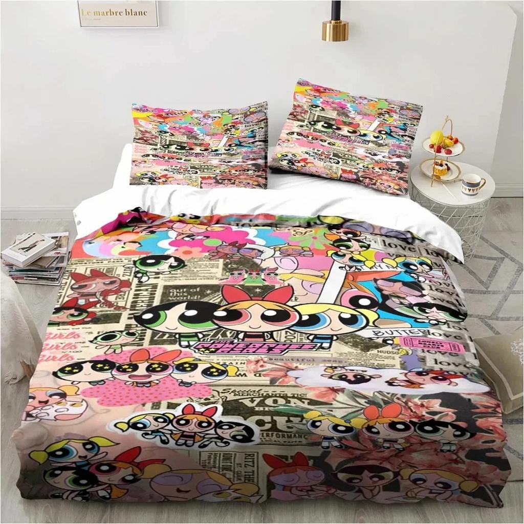 Anime Powerpuff Cute Grils Cartoon Bedding Set Duvet Cover Bed Set Quilt Cover Pillowcase Comforter King Queen Size Boys Adult