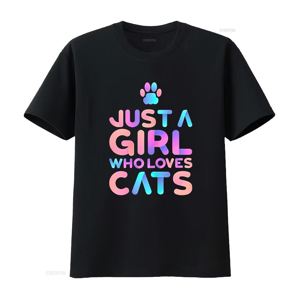 Women S T Shirt Cute Cat Lover Just A Girl Who Loves Cats Print Casual Tops Black Small Vintage Washed Comfortable Stretched