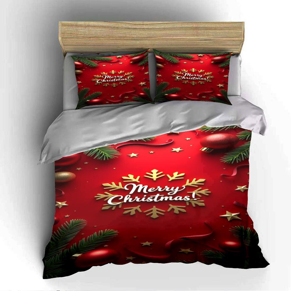 Gold Merry Christmas Festive Decor Bedding Set (1 Duvet Cover, 2 Pillowcases, Duvet Not Included)