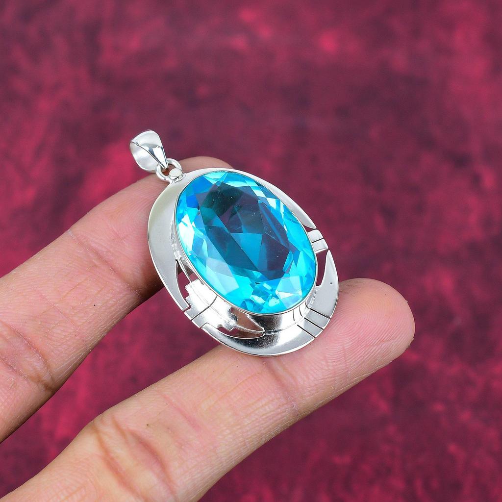 Swiss Blue Topaz Pendant, Handmade Gemstone Pendant, 925 Solid Sterling Silver Pendant Antique Jewelry, For Engagement Gift