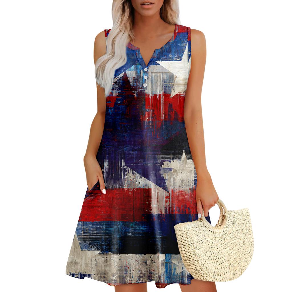 Damen Sommerkleider Lockeres V-Ausschnitt Ärmelloses Sommerkleid Kleid Mit Taschen
