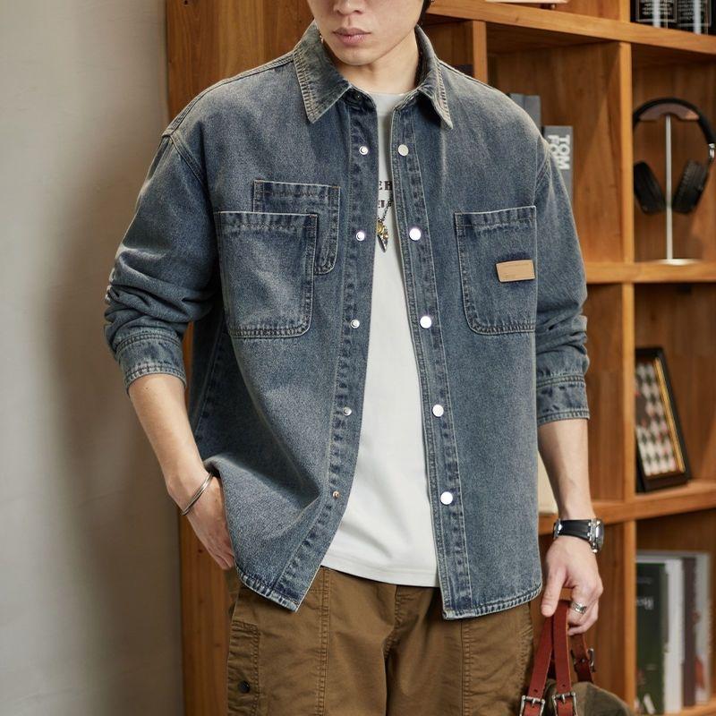 American Vintage Wash Autumn Denim Jackets Cargo Men Lapel Solid Pockets Single Breasted Trend Long Sleeve Loose Cowboy Coats