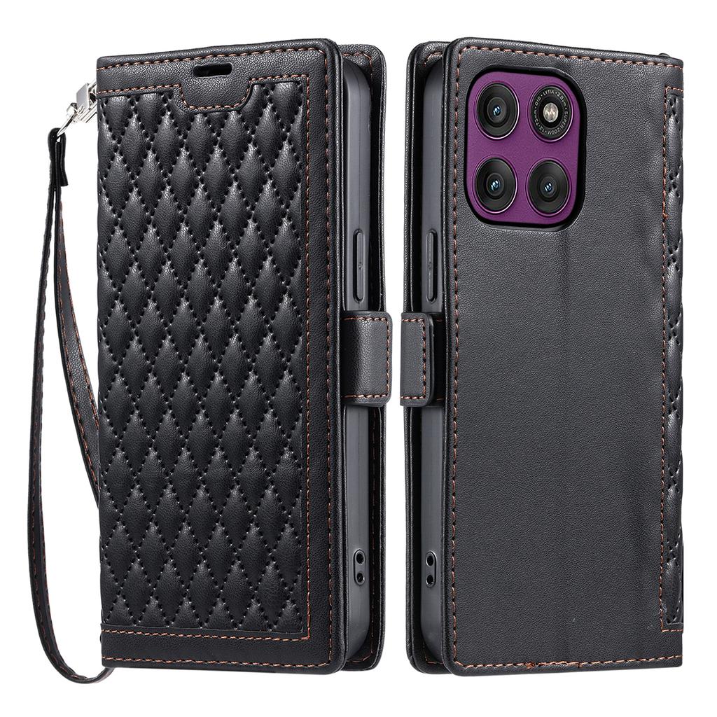 For Motorola Moto G56 5G Leather Case Rhombus Texture Wallet Stand Phone Cover with Wrist Strap