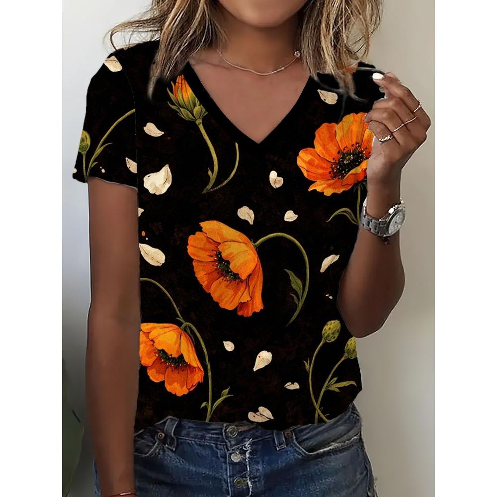 Summer Fashion Vintage Stripes 3D Personality Printed T-shirt Women's Loose Comfortable Soft Breathable V-neck Short Sleeved T-shirt