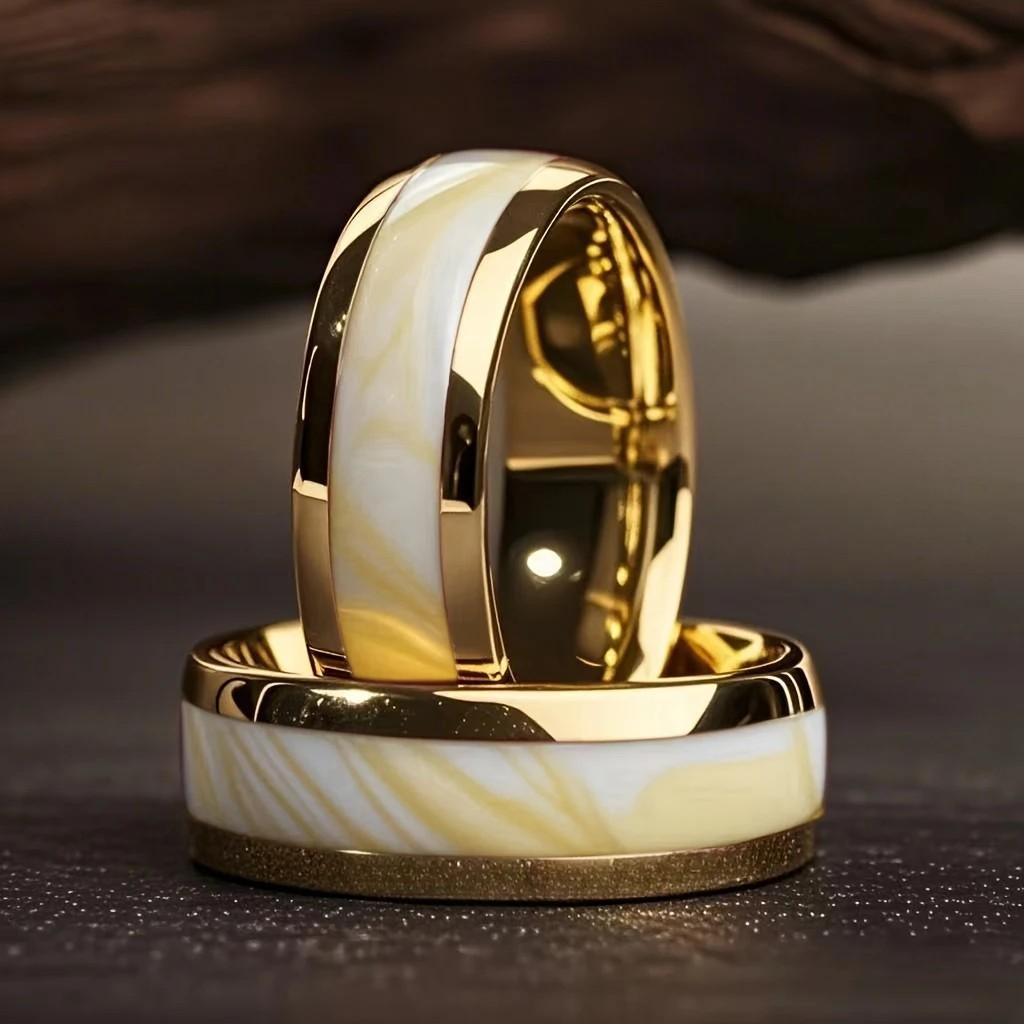 With White Abalone Shell Inlay Rings Trendy 8mm Gold Color Men Stainless Steel Ring for Men Women Wedding Jewelry Drop Shipping