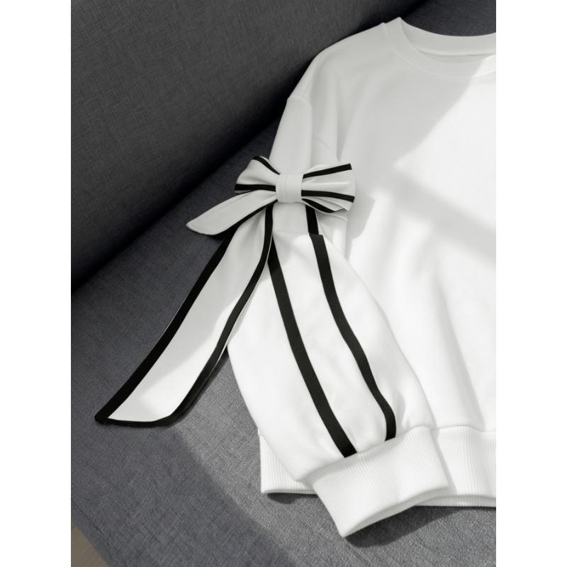 Women Striped Bow Detail Loose Long Sleeve Casual Round Neck Pullover Sweatshirt