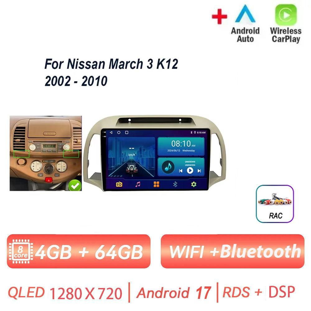 Pour Nissan March 3 K12 2002 - 2010 Autoradio Android 17 Carplay Auto Lecteur Multimédia Écran Navigation 4G GPS 2 Din