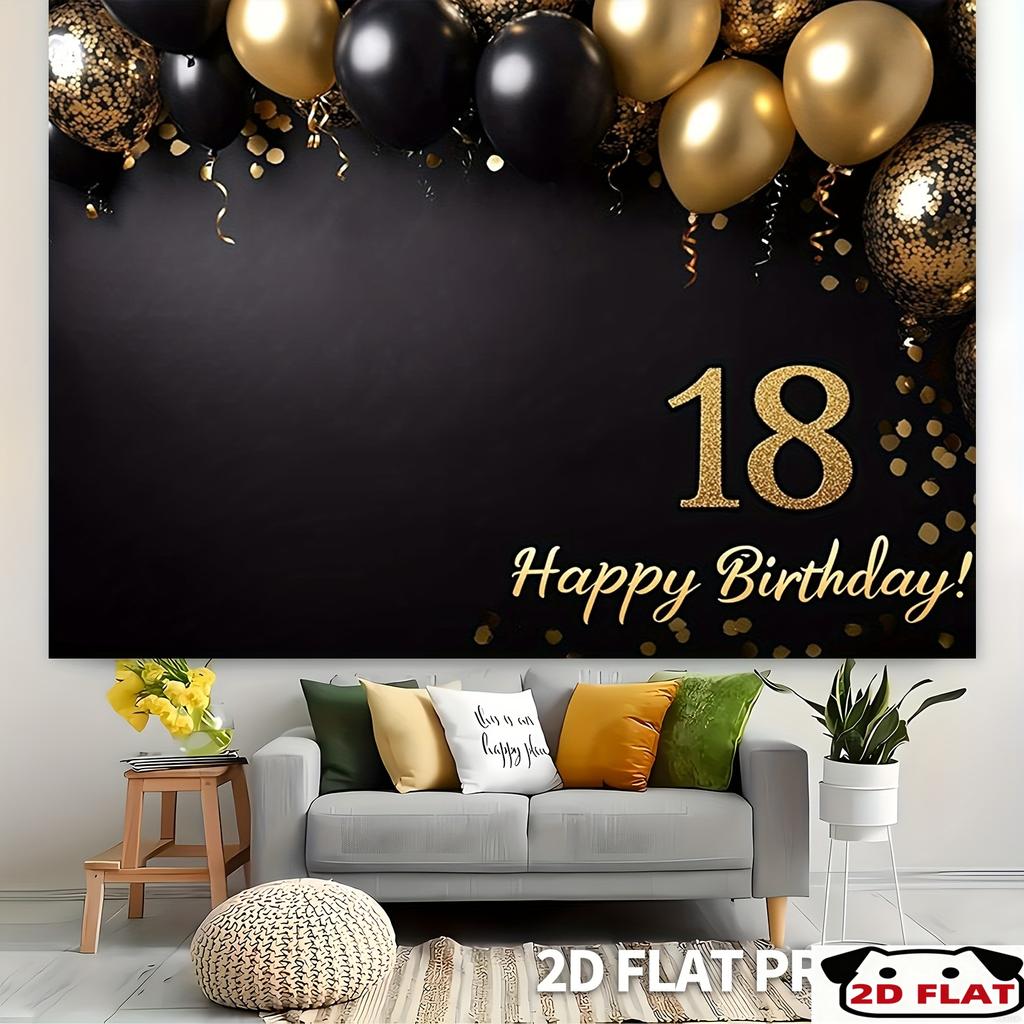 2D Flat - 18th Birthday 2D Flat Banner with Gold and Black No.18 Balloon Design as a Party Background with 'Happy Birthd