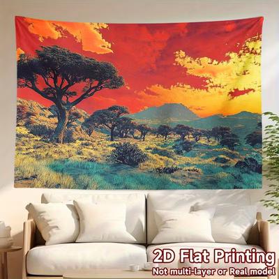 2D Flat Print Savanna Scenery Tapestry, Red Sunset African Landscape Home Decor