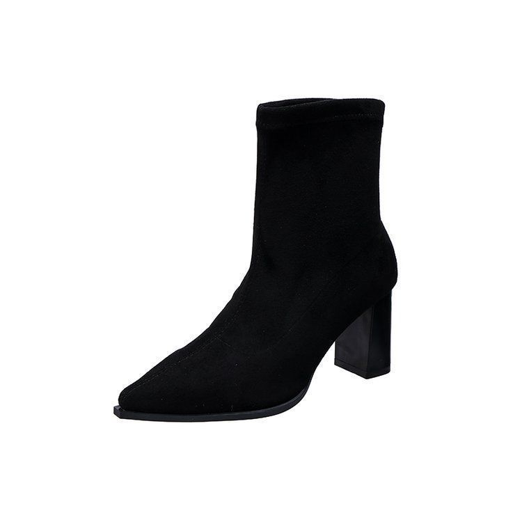 Commuter Temperament French High-heeled Short Boots Women's 2025 New Suede Martin Boots Pointed Thick Heel Elastic Thin Boots