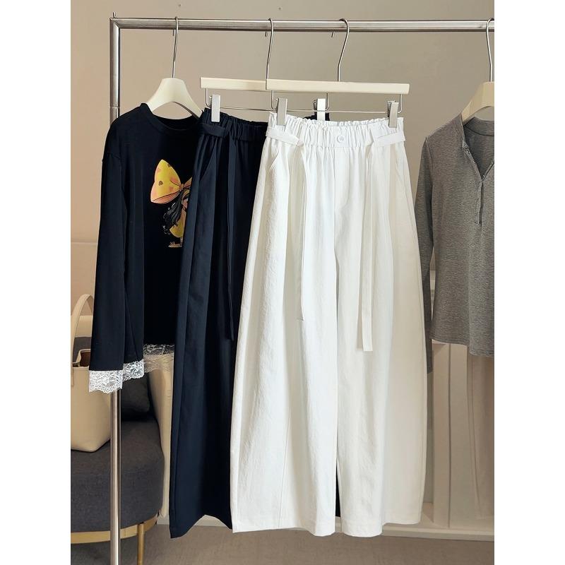 

Korean version of lace-up casual scimitar pants for women, spring and autumn new high-waisted and thin pear-shaped loose-fitting wide-leg pants XL білий