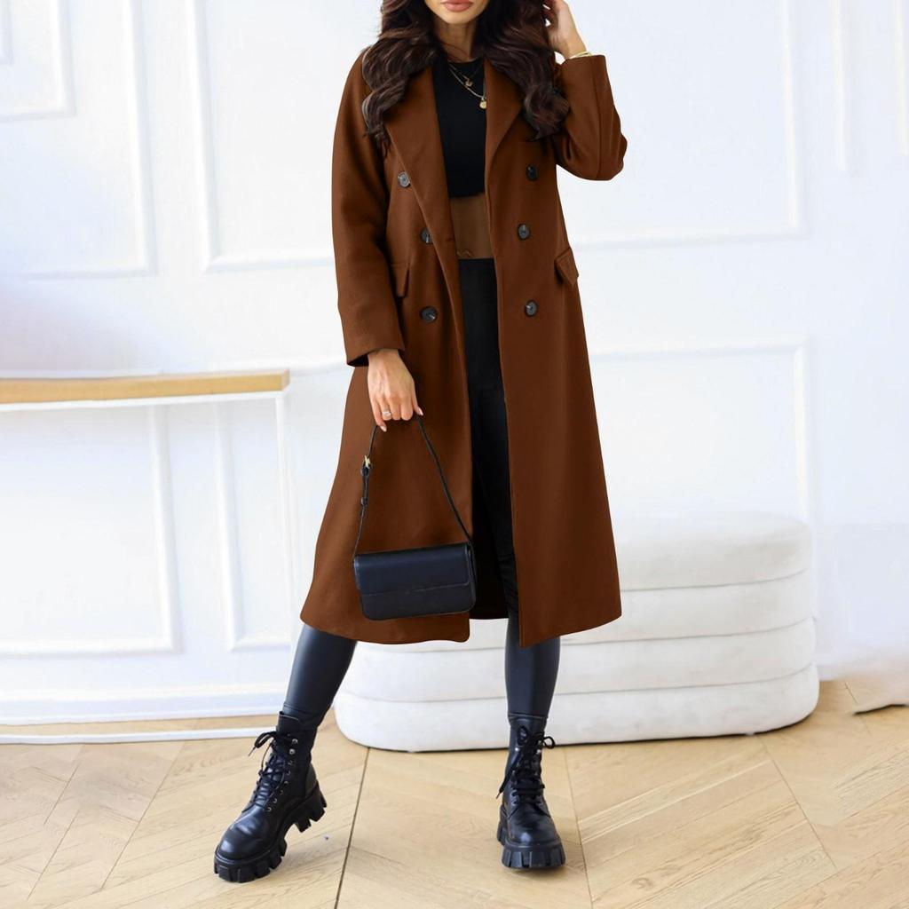 Women's Long Solid Double Breasted Long Sleeves Pocketless Coat Outwear Pocket Decoration