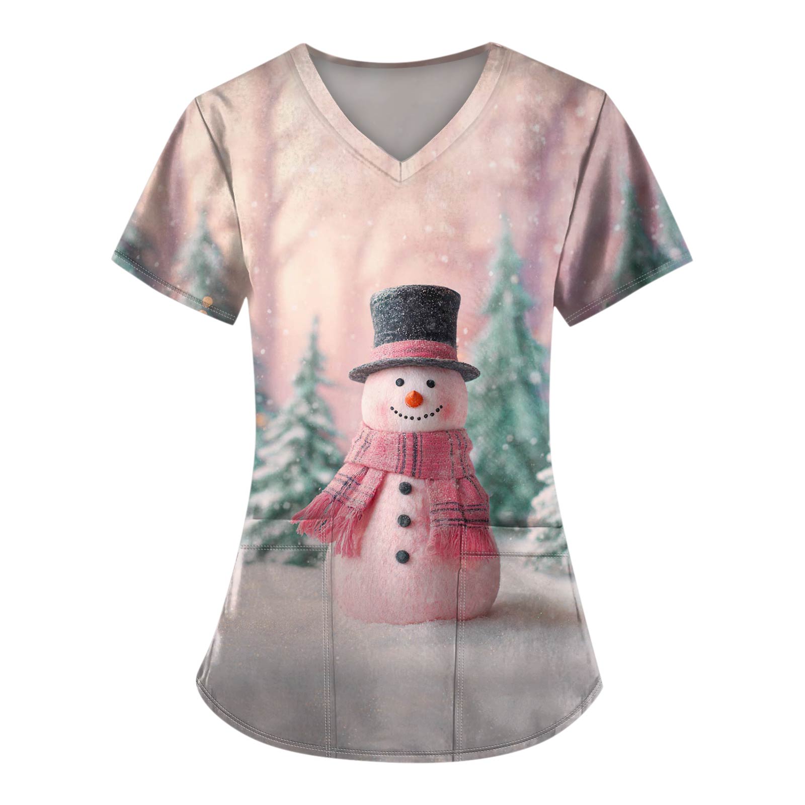 

Ladies Fashionable V-neck Pocket Short Sleeved Christmas Tree Printed Caregiver Shirt L