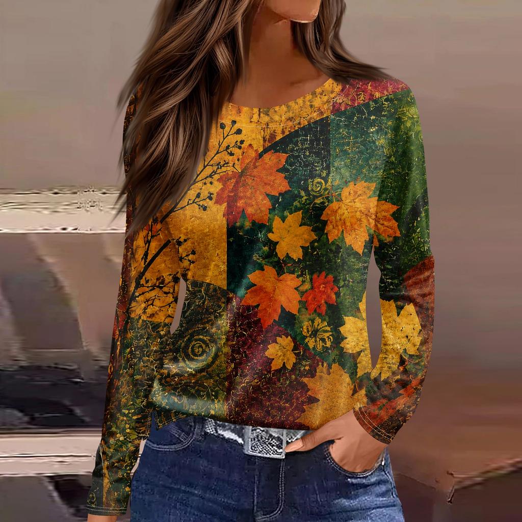 Women's Casual Long Sleeve Maple Leaf Print Round Neck Blouse for Everyday Wear