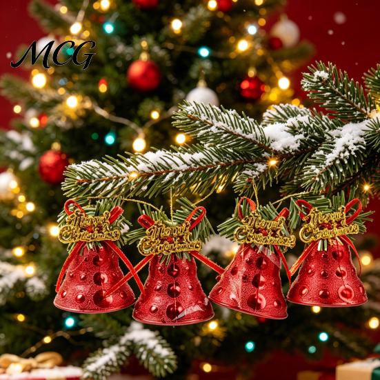 Durable Plastic Base Bell Christmas Ornament with Red Ribbon Bow, Small Jingle Thickened Electroplated Tree Hanging Decoration for Tree, Garland,