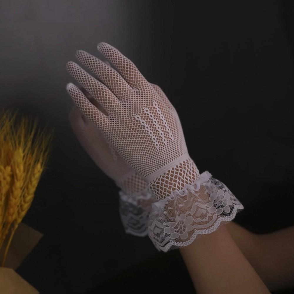 Soft Ruffle Lace Mittens Hollow Out Full Finger Lolita Lace Gloves Thin Mesh Driving Gloves