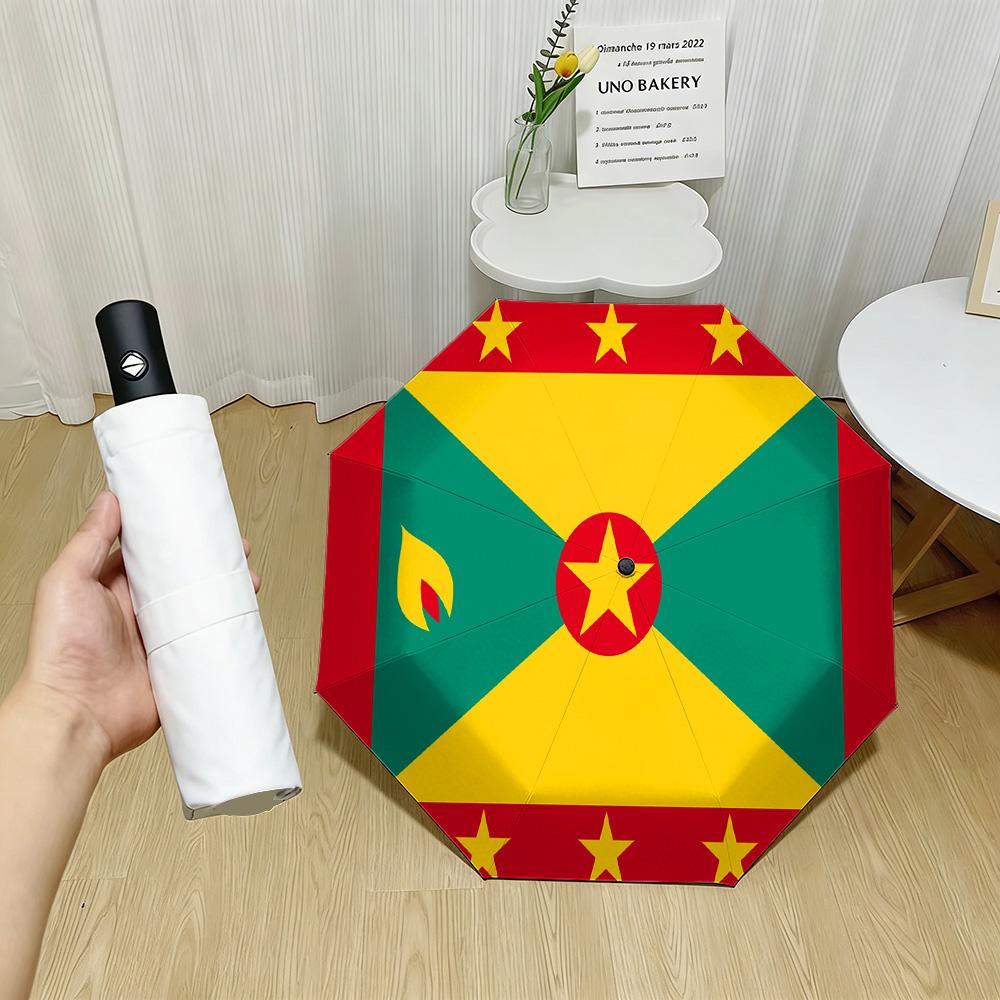 

Grenada National Flag Red Yellow Green Triangles Star Flame Print Auto Folding Umbrella Waterproof Windproof Compact Travel Umbr Iron&8K