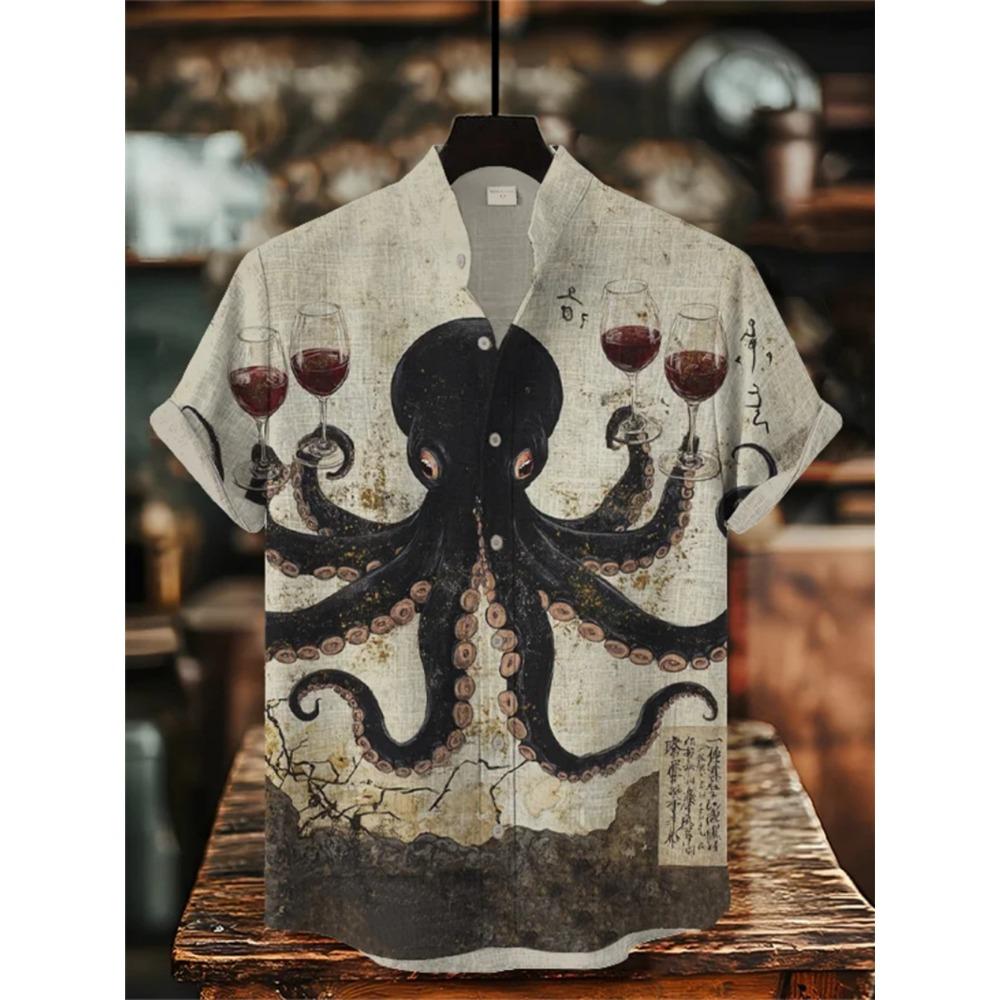 Men's Japanese Style Kimono Cat Printed Linen Shirt Summer Fashionable Stand Up Collar Short Sleeve