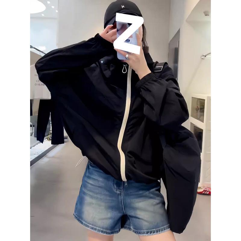 Women's Summer New Breathable Contrasting Zipper Loose Hooded Casual Thin Jacket with Sun Protection Clothing