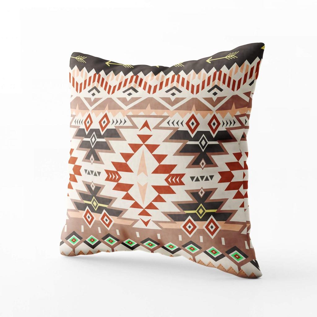 TOMKEY Cushion Cover with Hidden 16x16 Tribal Reddish Ethnic Decorative Cotton Cushion Home Decor Zipper, Inch, Pattern, Brown, Ornament, Triangle,