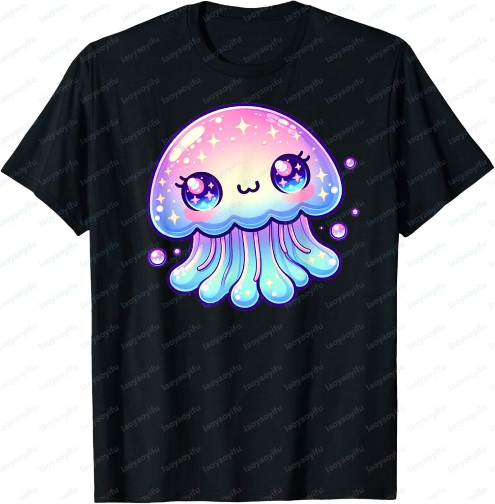 Kawaii Jellyfish Anime Fun Sea Critter Graphic Printed TShirt Summer Cotton Short Sleeve Unisex Tshirt Soft Casual Unisex T Shirt