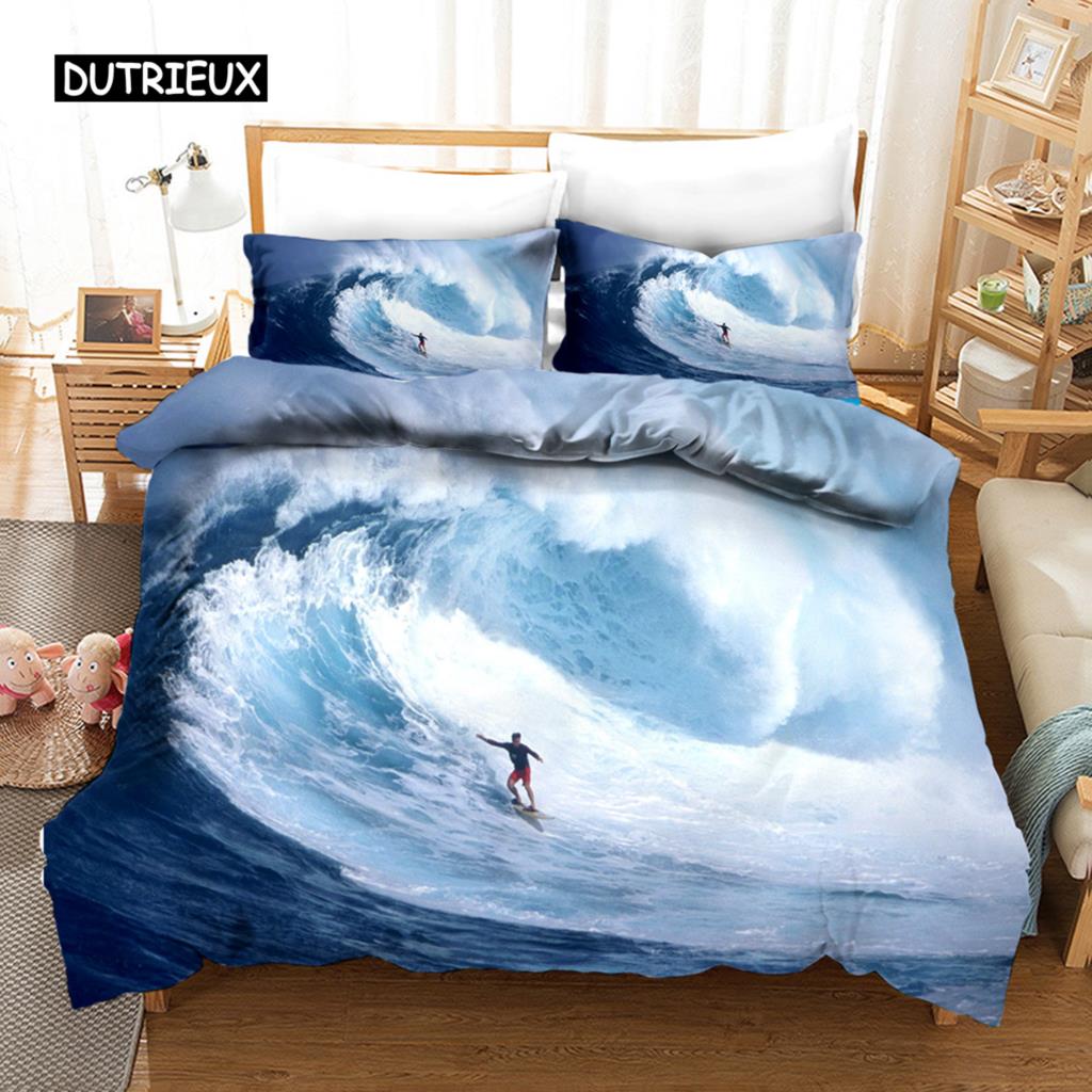 Surfing Duvet Cover Set Surfboards Youth Ocean Sport Theme Bedding Set For Teens Polyester Waves Surfing Ocean Queen Quilt Cover