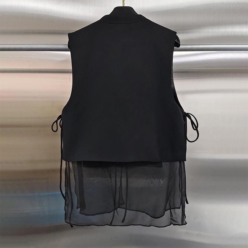 Womens 2026 Heavy Sequined 3D Flower Mesh Patchwork Vest Trendy Street Style V-Neck Waistcoat