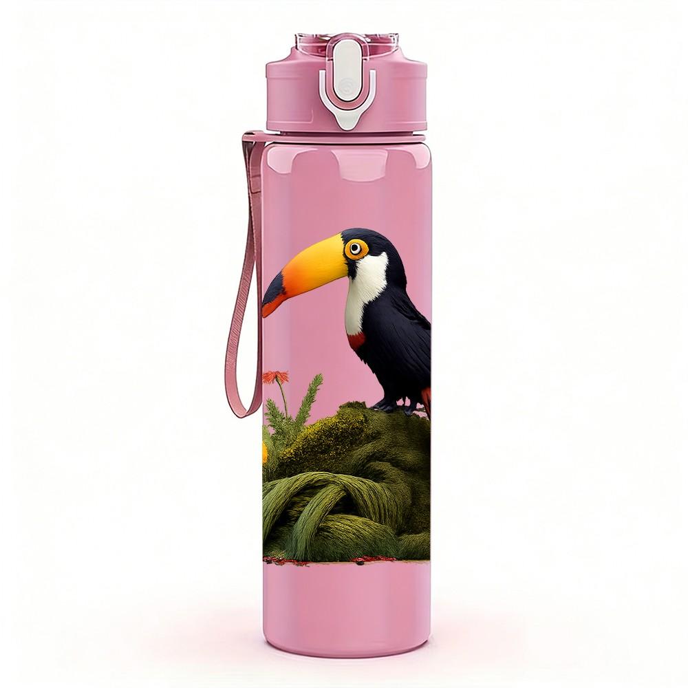 1PC Colorful Toucan Tropical Bird Print 750ml Color Plastic Sports Water Bottle Leakproof Flip Straw Lid Suitable for Sports Office Home Use