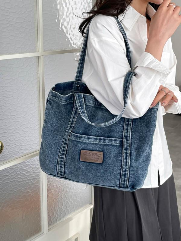 2026 Trendy Large Capacity Denim Tote Bag - Casual and Fashionable Shoulder Bag for Work and Commute