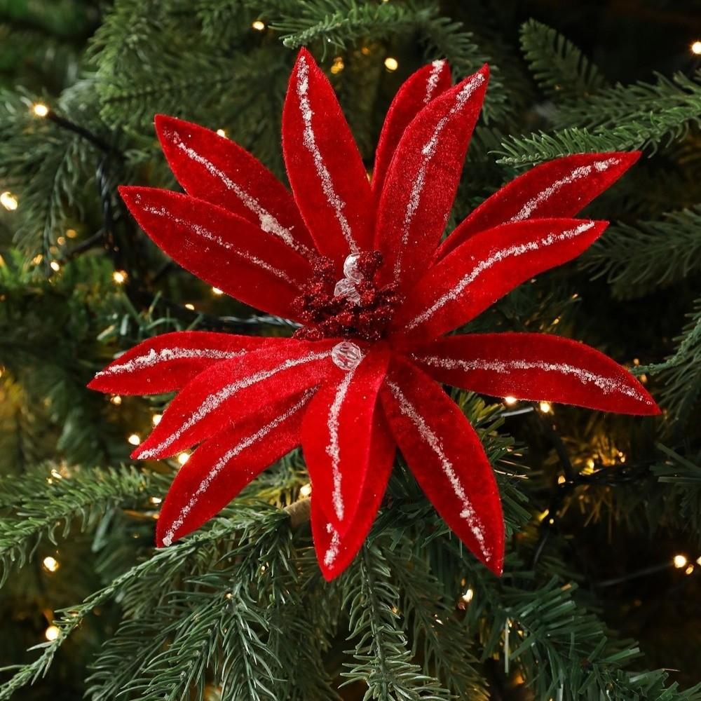 Neue 15CM Künstliche Weihnachtsstern Blume Beflocktes Stoffband Weihnachtsblume Simulationsblumen Weihnachtsbaumzubehör