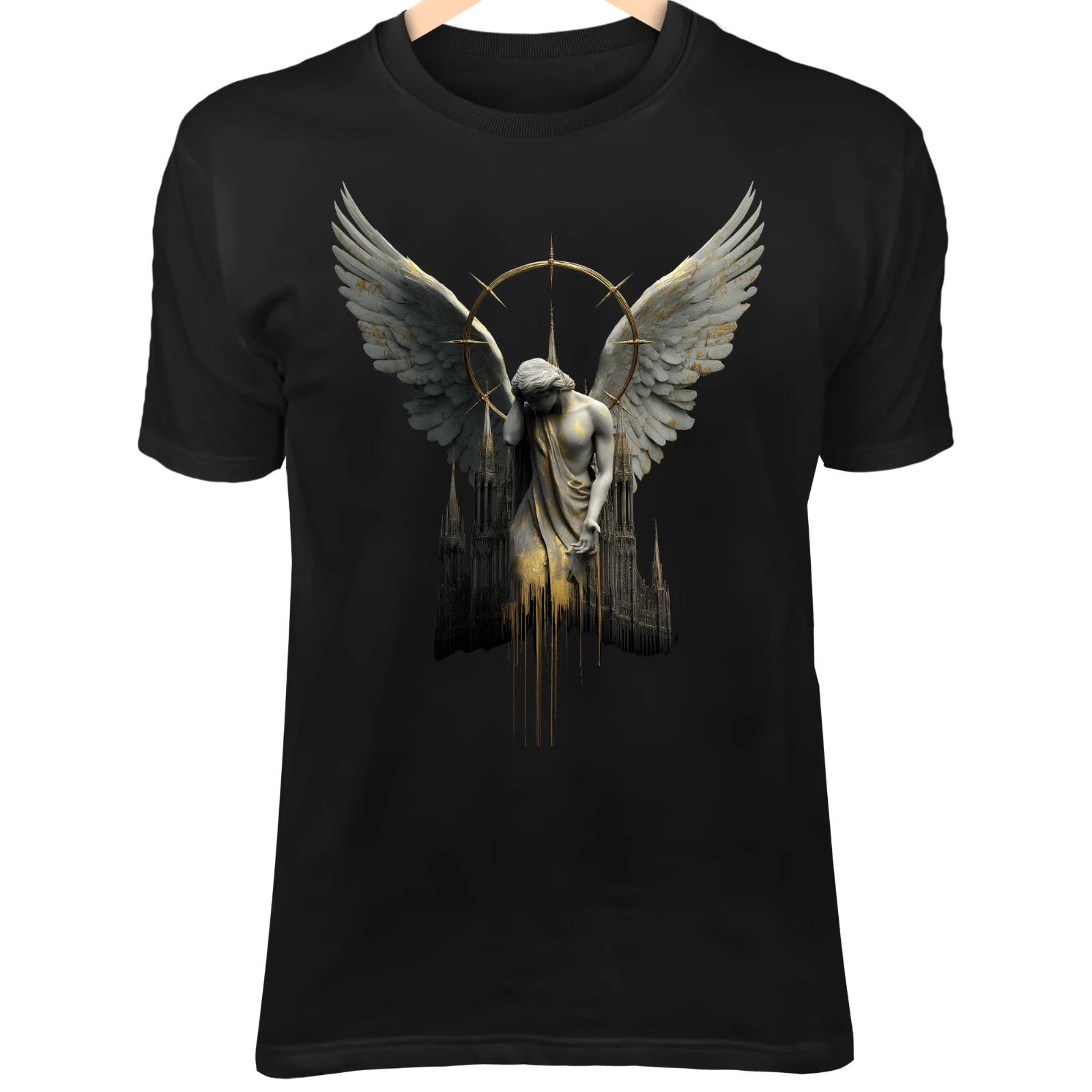 Fallen Angel Statue T-Shirt – Broken Wings, Gold Blood, Gothic Cathedral Ruins 4XL