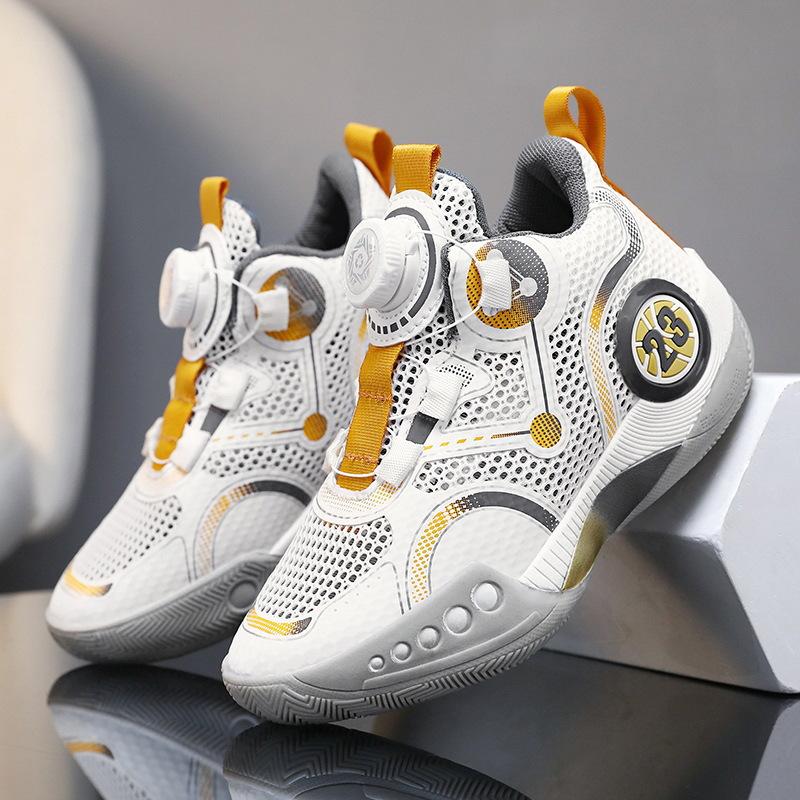 Boys Shoes Sports Mesh Shoes Rotating Button Youth Breathable Mesh Shock Absorption Children's Basketball Shoes Students