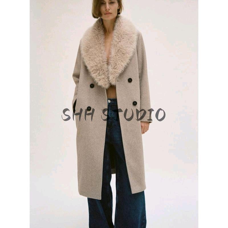 Spring New Arrival Women's Faux Fur Effect with Belt Fashion Polo Collar Coat Outwear 3046353