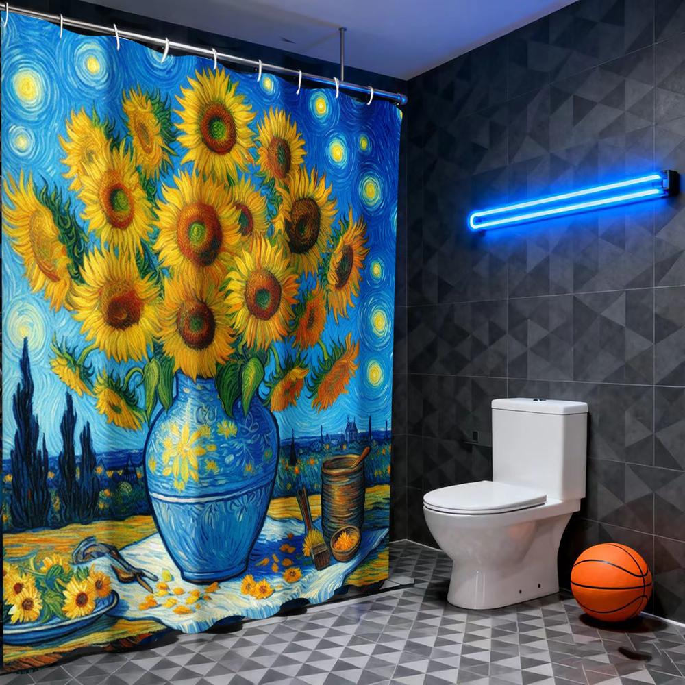 Sunflower Pattern Shower Curtain, Bathroom Shower Waterproof Curtain with 12 Hooks, Fish Shaped Home Decoration, Free Delivery