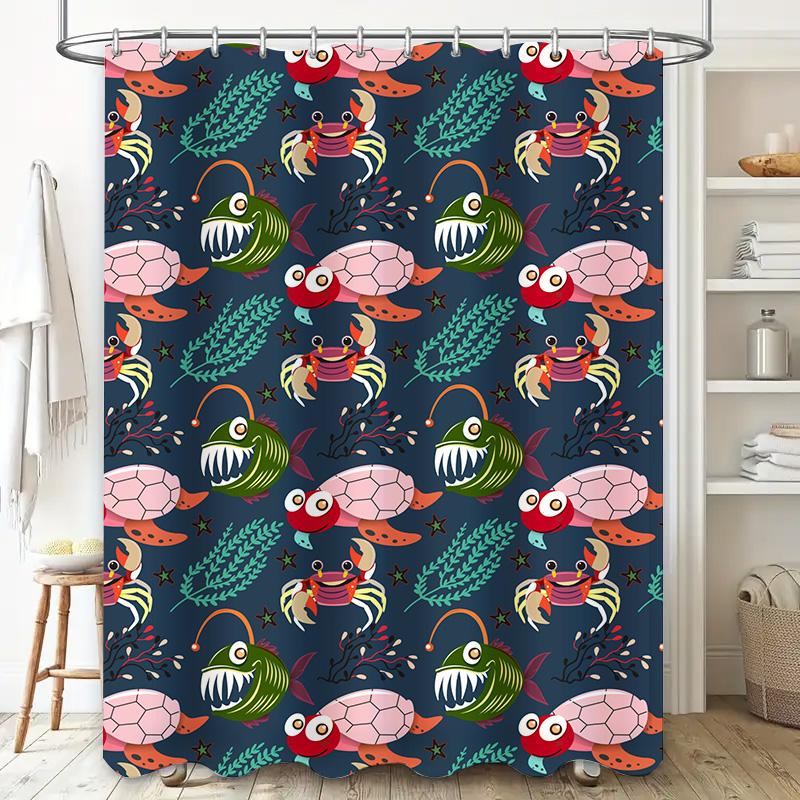 Bathing Shower Curtain Blue Background With Turtle Crab Design Waterproof Fabric Perfect For Bathroom Decor