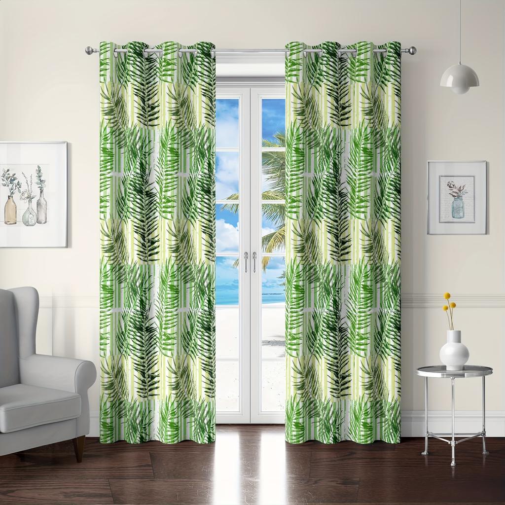 2pcs Nordic Green Plant Leaves Curtains-Light-Filtering WindowTreatment for Kitchen, Living Room, Office, and Bedroom Decor