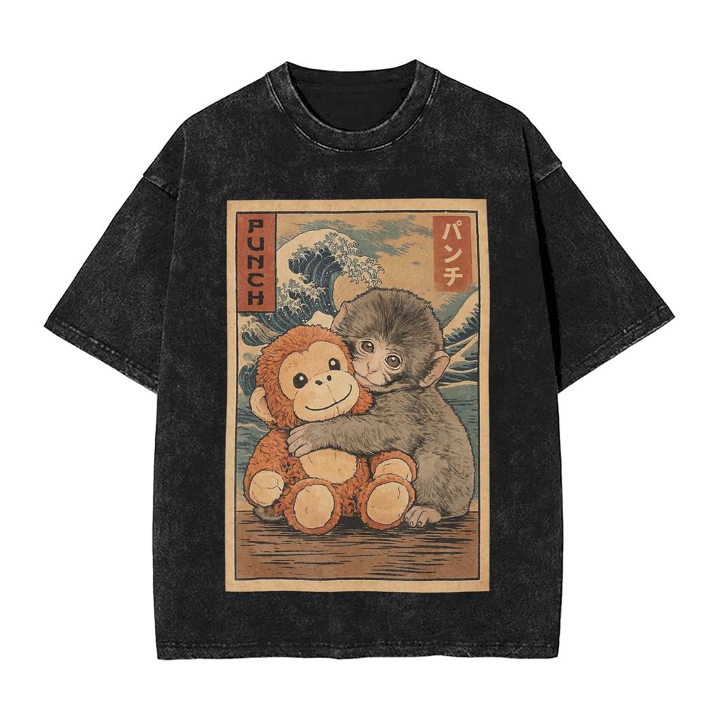 Creative Macaque Ukiyo e Art Monkey Punch T-Shirt Men Crewneck 100% Cotton Washed T Shirt Short Sleeve Tee Shirt Gift Tops