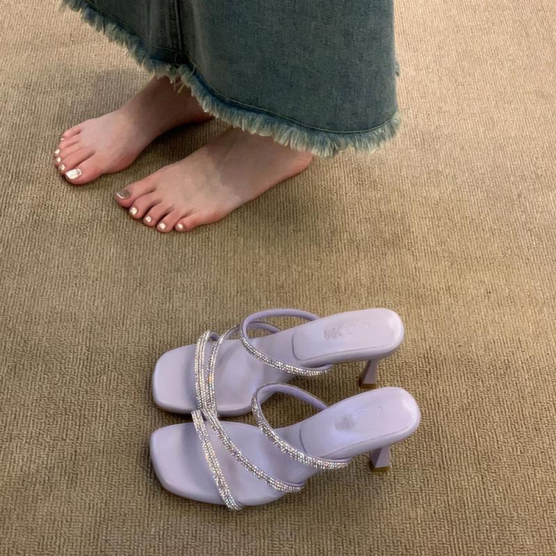 The bright star sea under the night sky with cool slippers, women wear rhinestone sandals in summer, square toe high-heeled slippers