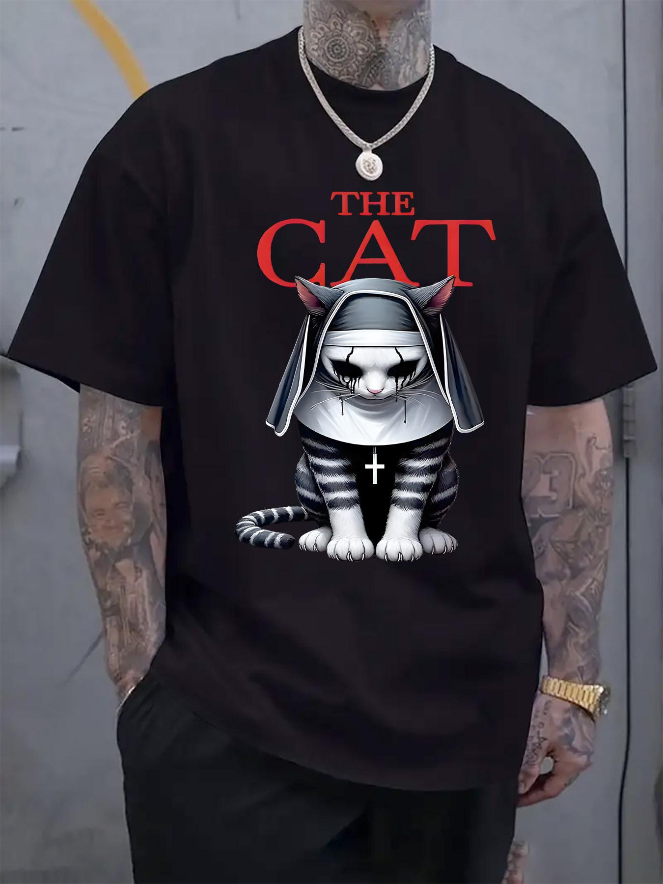 Round Neck Short Sleeve T-shirt with a Dark Nun Cat Print XXXXL