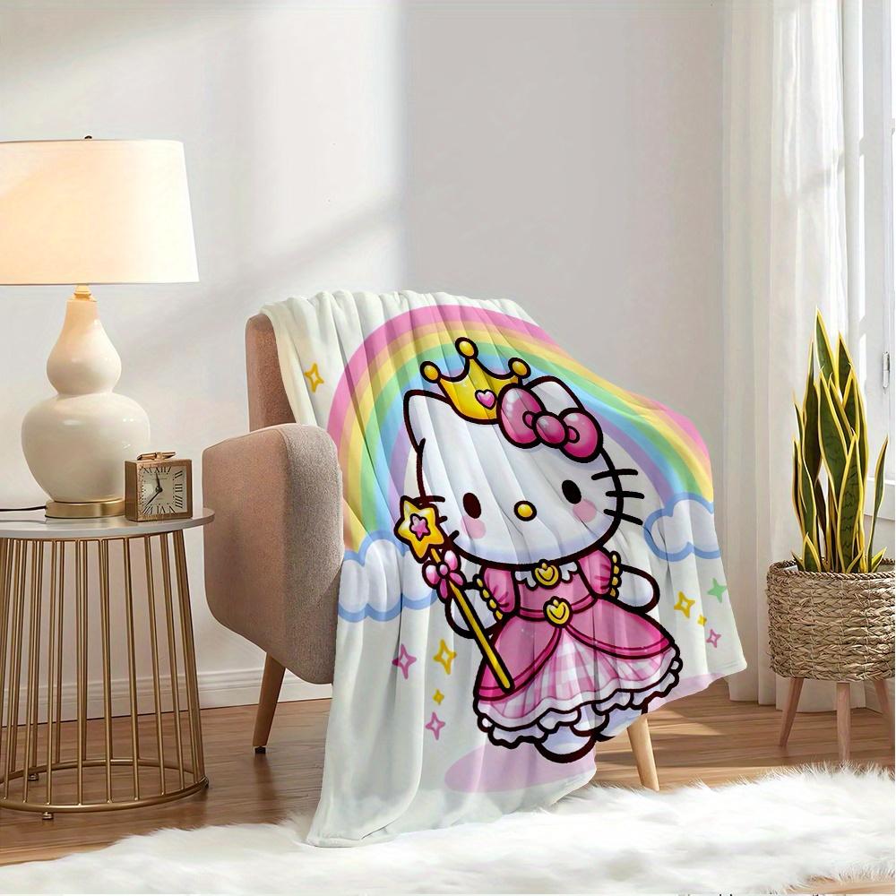For Princess, Rainbow, HelloKittyAnime-Themed Flannel Blanket, Glam Style, Digital Print, All-Season Comfort, Tear-Resistant, Knitted Crafts