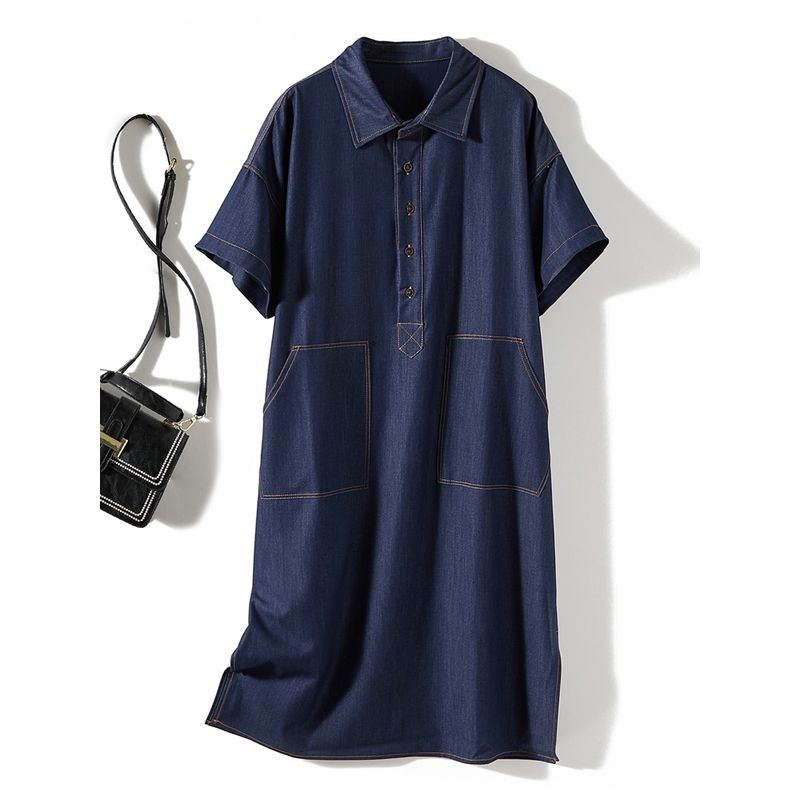 Original Order Orders Exported to Japan! Harajuku Girls Summer Raglan Sleeve Washed Cotton Denim Blue Large Pocket Open Line Dress Breathable