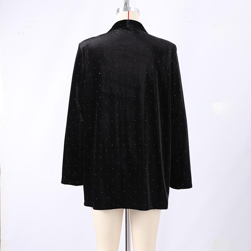 Velvet Diamond Decorated Black Blazer Woman Loose V-neck Suit Coat Fashion Casual Full Sleeve Solid Jacket Commute Spring Autumn
