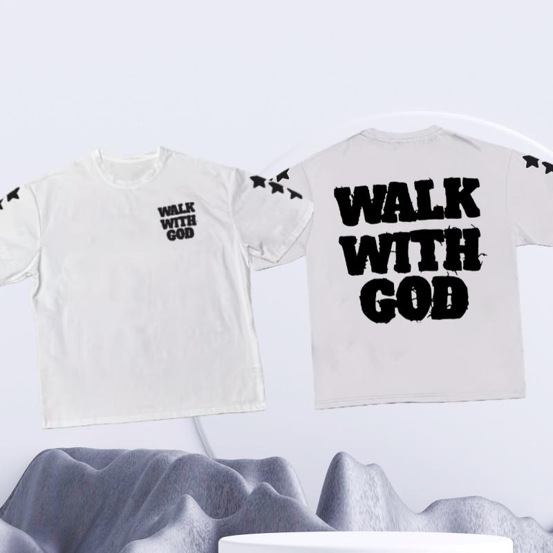 Spring and Summer Mens Cotton Walk with God Letter Printed Tshirt Casual Fashion Short Sleeved Round Neck Tshirt Street Top