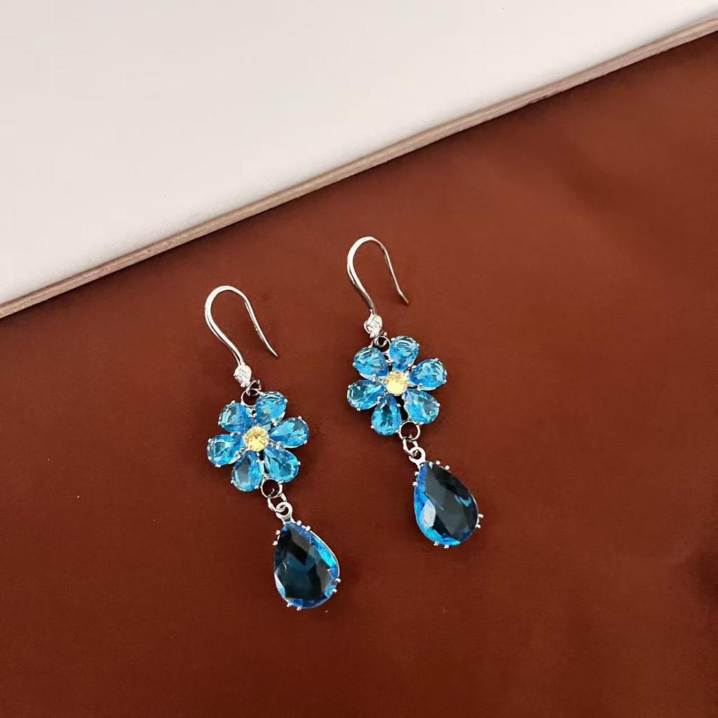 Super Flash Zircon Flower Water Drop Long Earrings Temperament Light Luxury Sweet Set Earrings