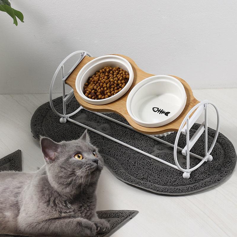 Cat Bowl Ceramic Double Bowl Cat Food Basin Tall Solid Wood Dog Bowl Rack Eating and Drinking Bowl Inclined Oblique Neck Protection Cat Food Basin