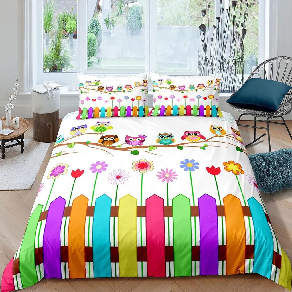 Cartoon Owl Duvet Cover Set Cute Kawaii Animals for Kids Girls Bedding Set King Queen Single Twin Size Polyester Comforter Cover