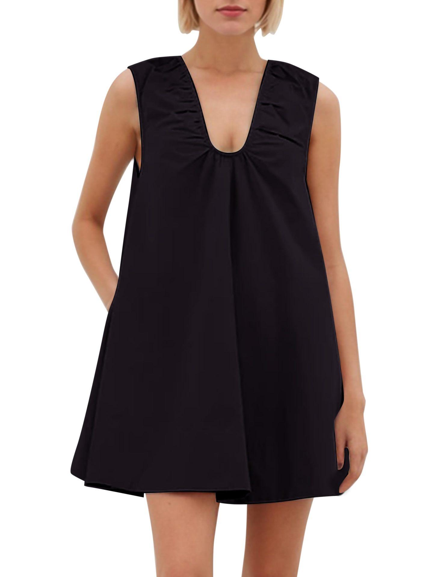 

Women s Black Sleeveless V-Neck Loose Fit Dress with Pleated Detail, Available in Multiple Colors S чёрный