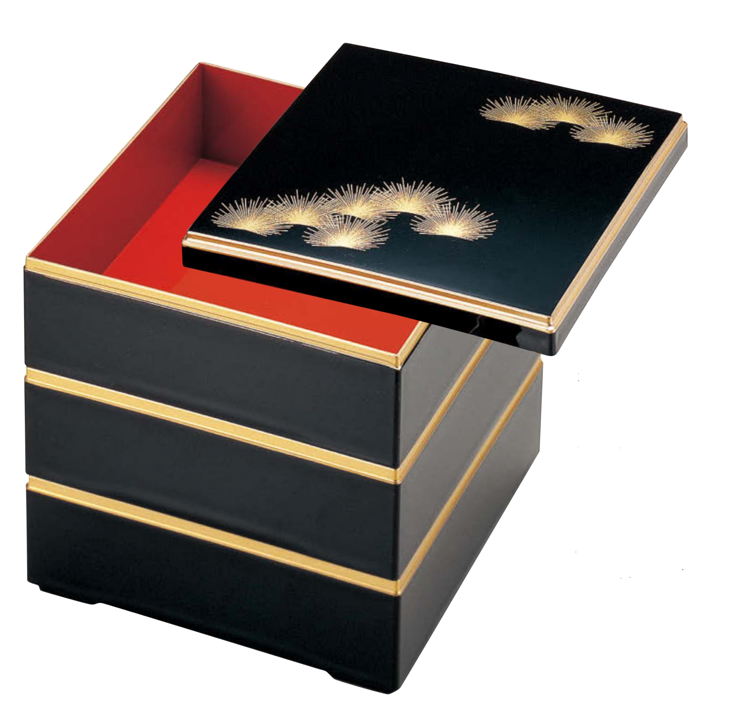 

Wakaizumi Lacquerware, 7-inch Jubako Box, Kakuraju, Black with Red Interior, Wakamatsu Pattern, 3 Tiers, H-158-16A