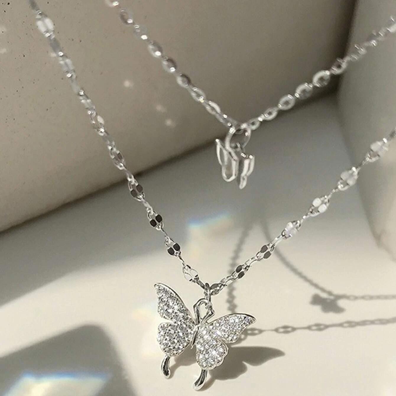 

Цепочка на шею с холодным ветром, цепочка на ключицу, изысканного размера, двухслойное ожерелье с бриллиантами и бабочкой, женское серебряный